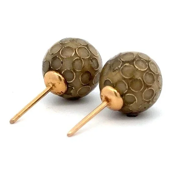Estate Designer 14k Yellow Gold Round Enamel Red Flower Ball Stud Earrings